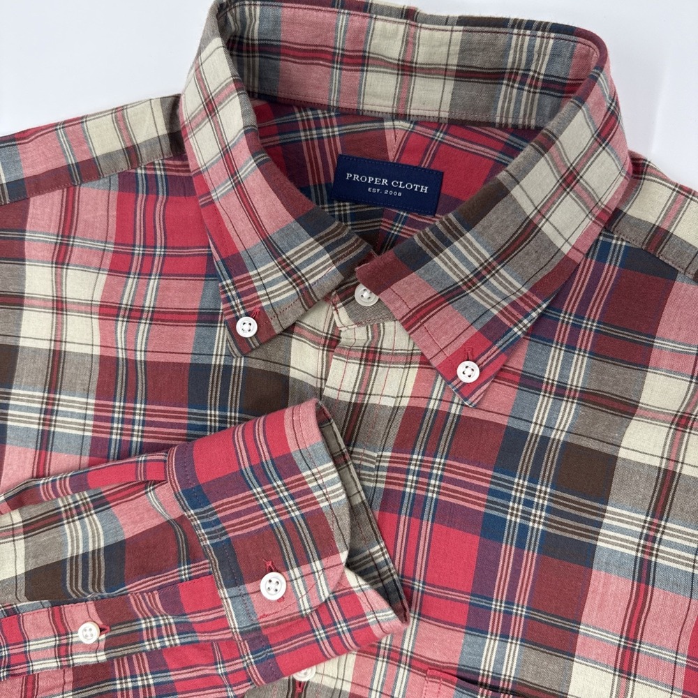 Proper Cloth Long Sleeve Button‎ Down Shirt Men's Large Red Beige Plaid